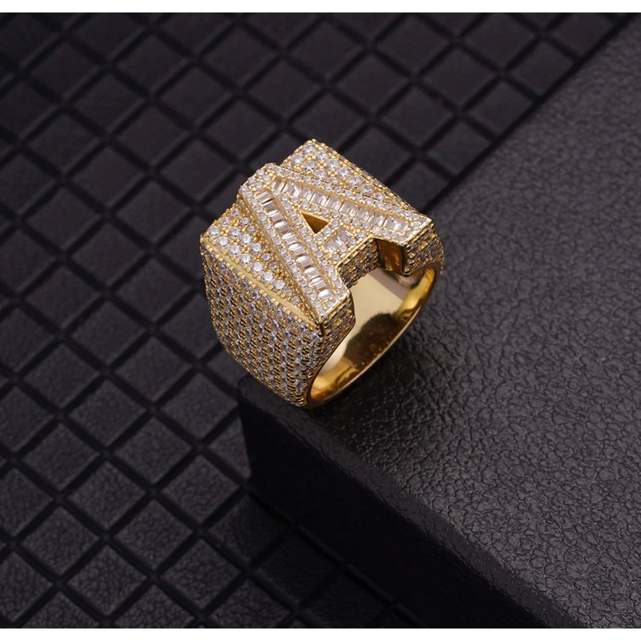 14K Gold Plated 925 Sterling Silver Initial Letter Iced CZ Baguette Ring